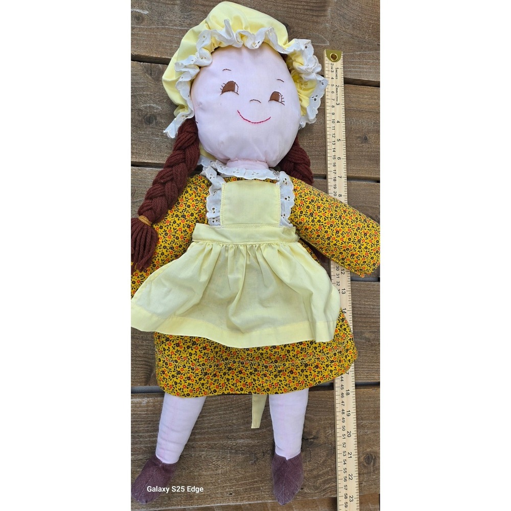 Vintage Handmade Rag Doll Yellow Floral Dress Bonnet Yarn Braids 22 Inch Toy